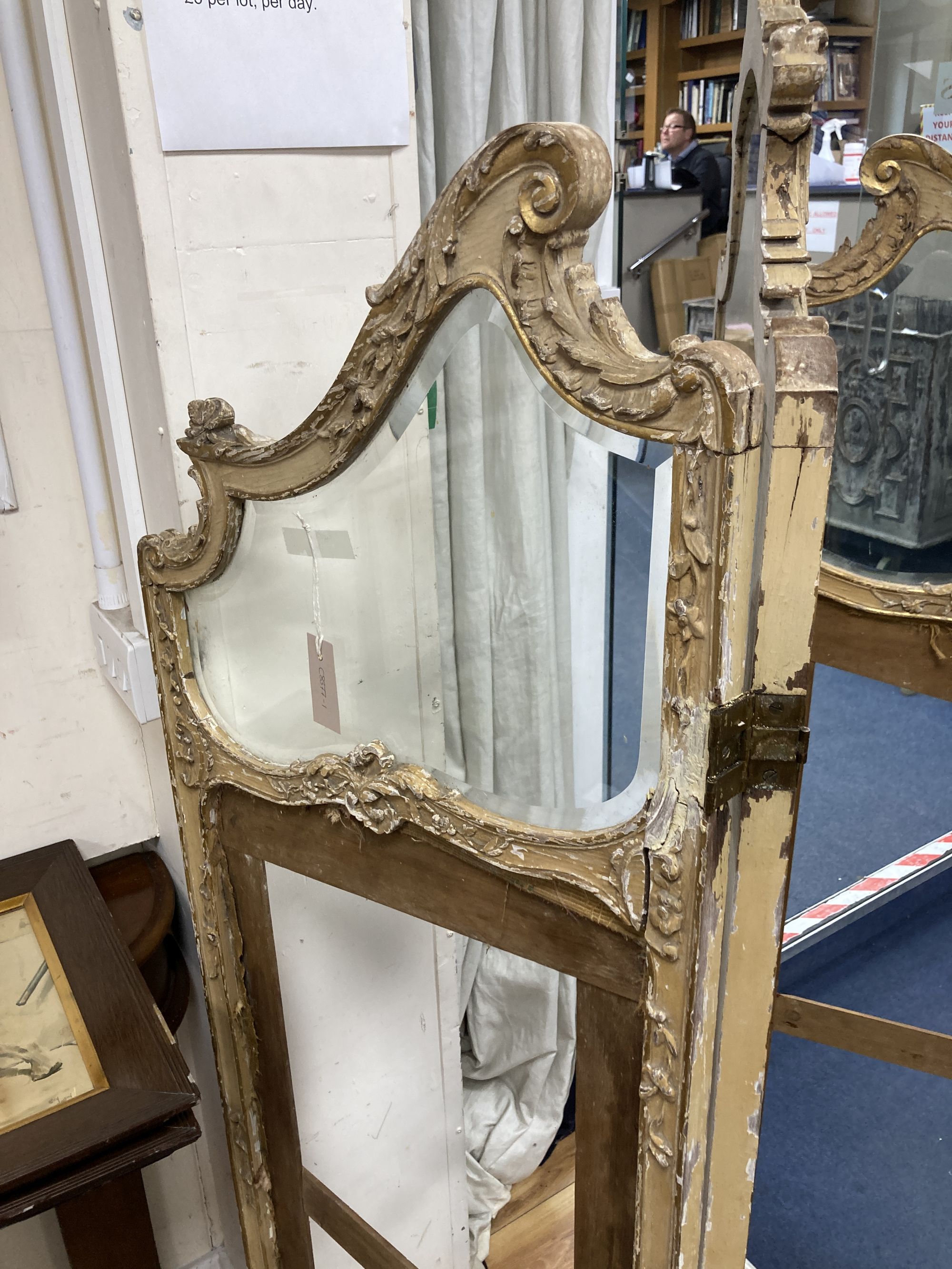 An early 20th century giltwood and gesso part glazed three fold dressing screen, height 172cm